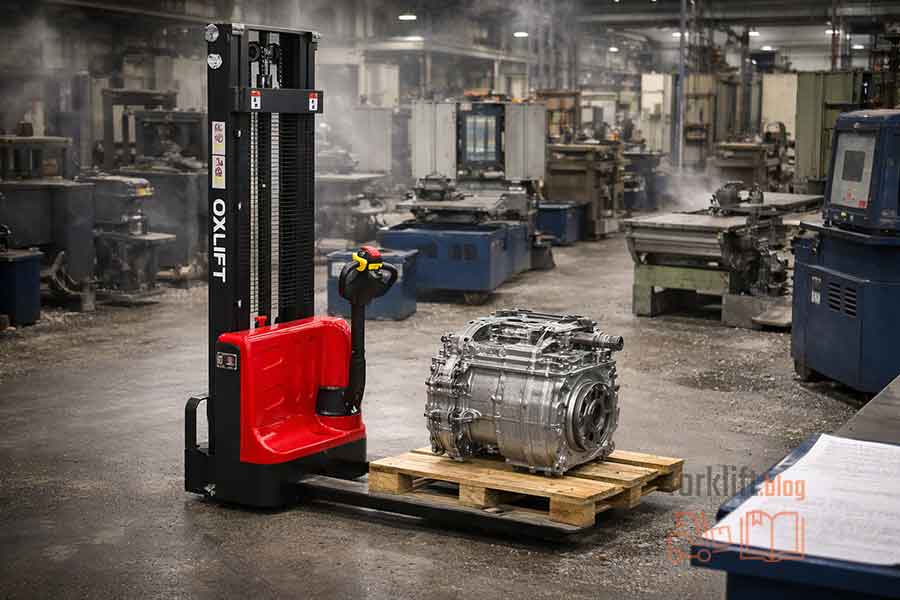 Электрический штабелёр OXLIFT перевозит массивную коробку передач по цеху металлообработки — надёжное решение для тяжёлых промышленных условий и точной логистики.