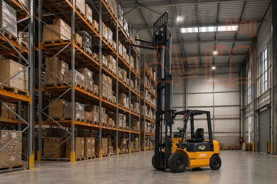 Вилочный погрузчик поднимает паллету на высокий стеллаж в складском помещении