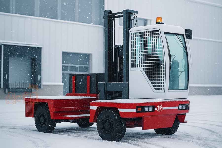 Красно-белый боковой погрузчик, покрытый снегом, стоит на заснеженной площадке современного логистического центра во время снегопада