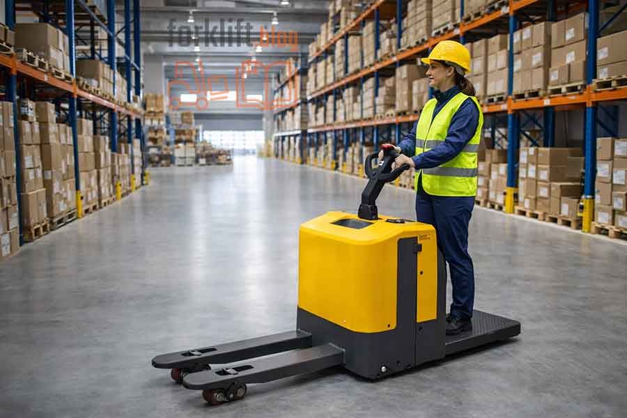 Оператор-девушка управляет электрической складской тележкой с платформой в современном логистическом складе — удобное и безопасное решение для быстрой перевозки грузов и повышения производительности.