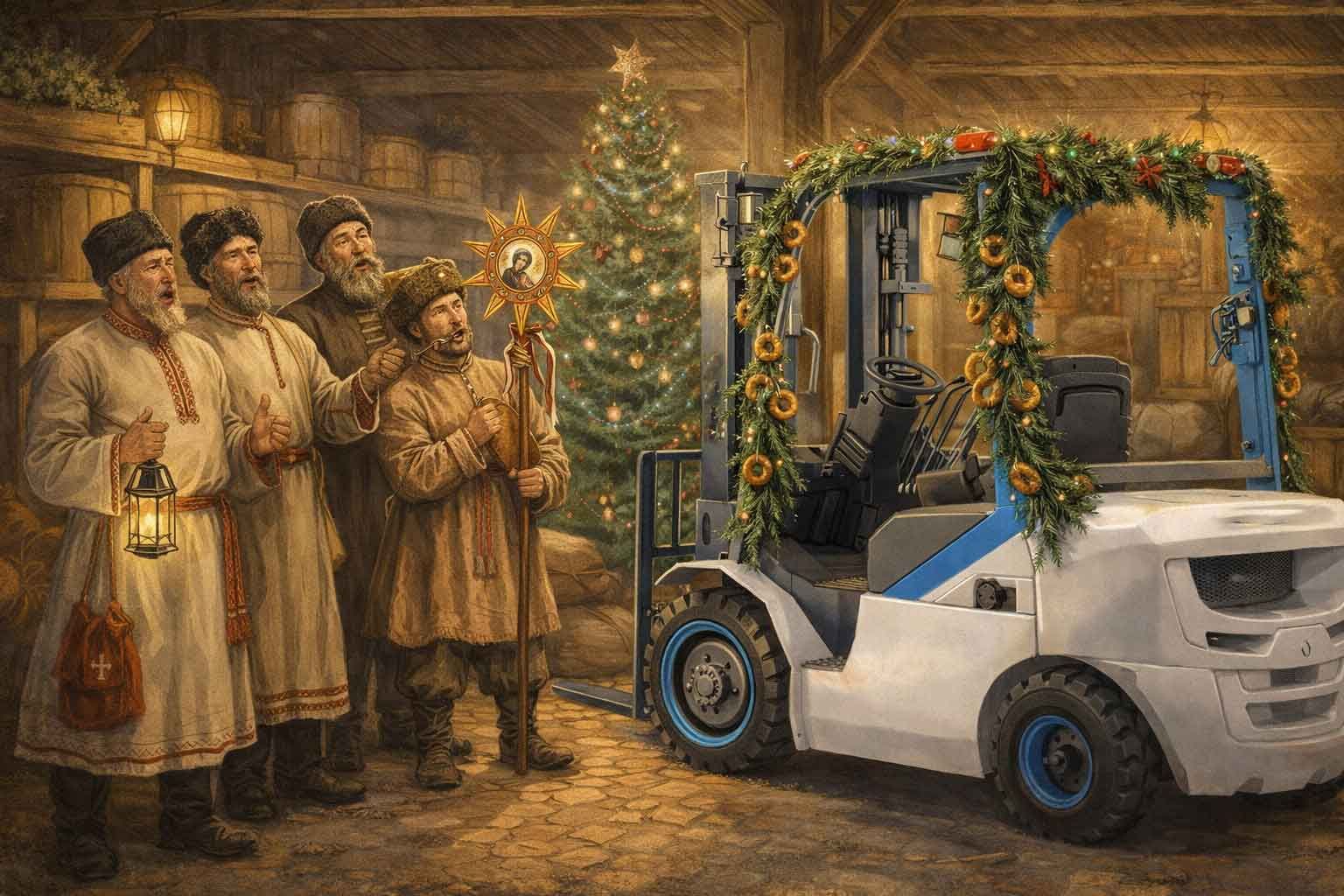 Группа мужчин в русской народной одежде поёт колядки рядом с украшенным погрузчиком на фоне ёлки в деревянном складе XIX века.