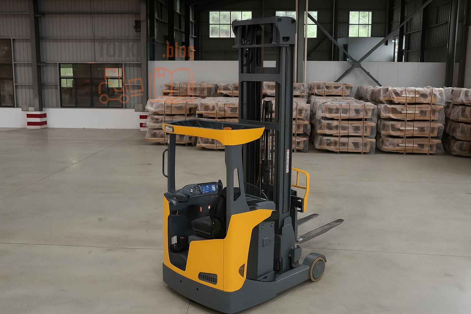 Жёлтый ричтрак в современном просторном складе с паллетами, вид сверху, чистый бетонный пол и ровные ряды стеллажей на фоне.