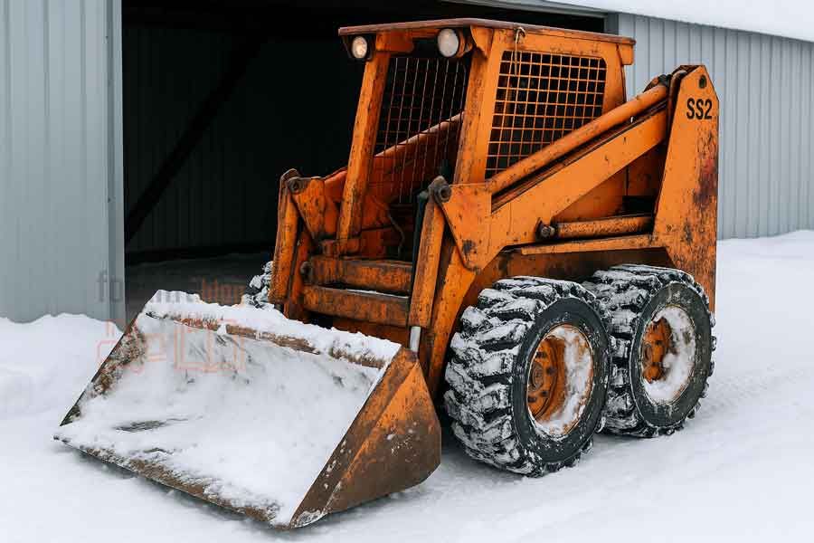 Оранжевый мини-погрузчик SS2 с гусеничной надстройкой стоит на снегу перед ангарами