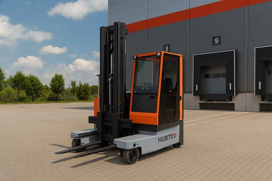 многоходовый погрузчик Hubtex MQ25 стоит на улице логистического центра