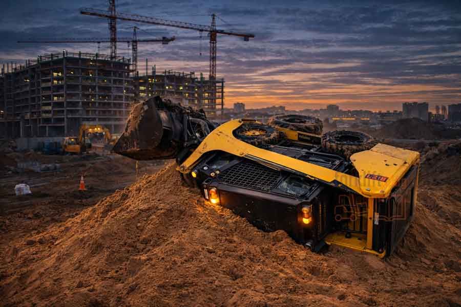 Мини-погрузчик New Holland перевернулся на песчаном холме на строительной площадке в сумерках — пример аварийной ситуации при работе спецтехники