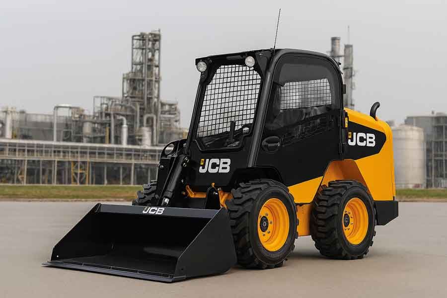 Компактный мини-погрузчик JCB 190 в работе с навесным оборудованием на фоне индустриального пейзажа